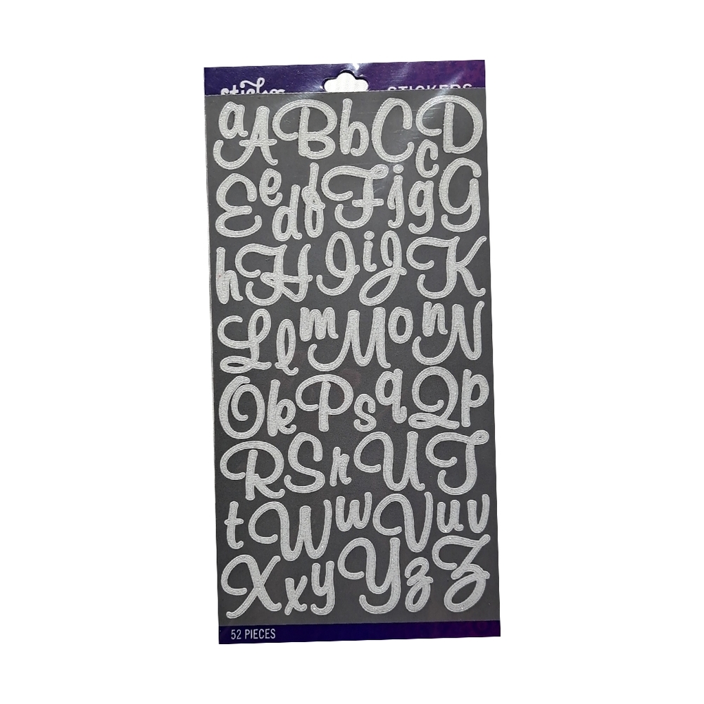 White Glitter Mural Script Alphabet Stickers. (52 Pieces)